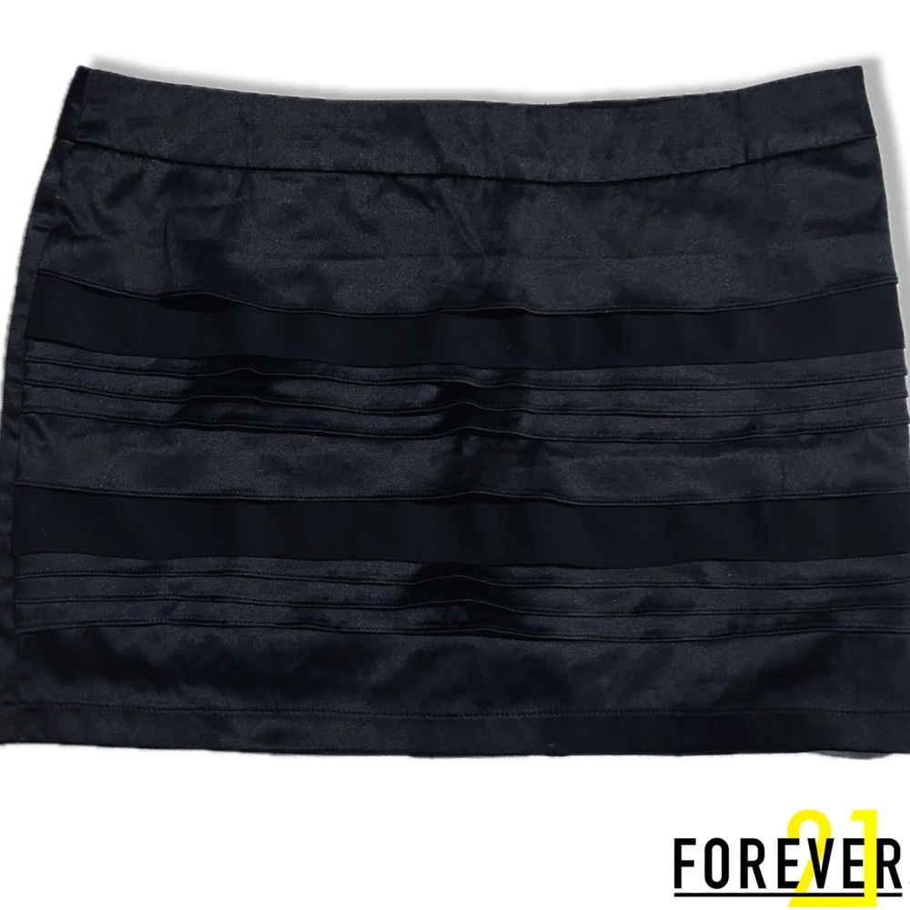 Forever 21 black satin ruffle tiered mini skirt with back slit - 30”